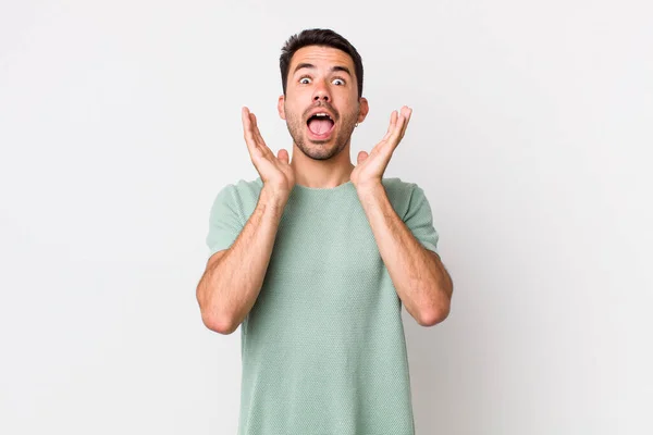 Young Handsome Hicpanic Man Feeling Shocked Excited Laughing Amazed Happy — Stockfoto