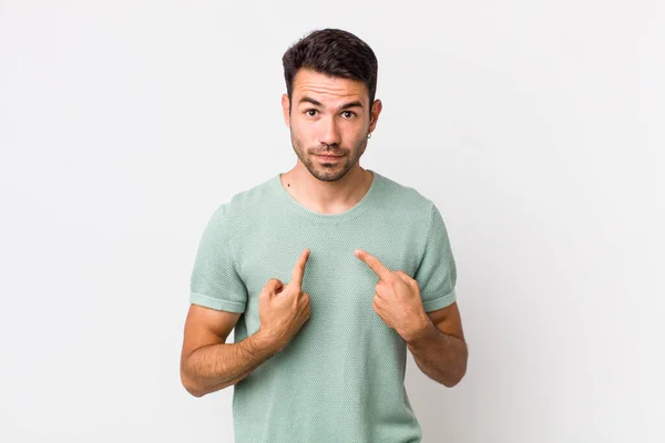 Young Handsome Hicpanic Man Pointing Self Confused Quizzical Look Shocked — Photo