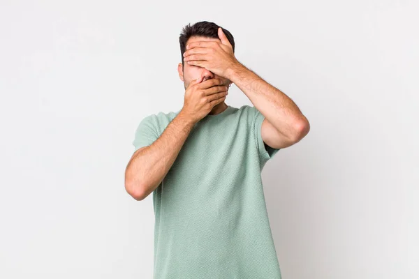 Young Handsome Hicpanic Man Covering Face Both Hands Saying Camera – stockfoto