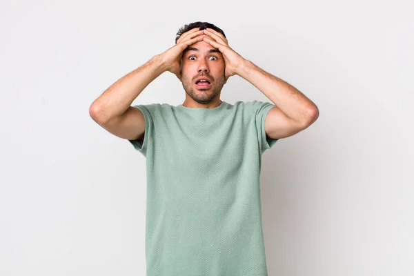 Young Handsome Hicpanic Man Feeling Horrified Shocked Raising Hands Head — Stockfoto