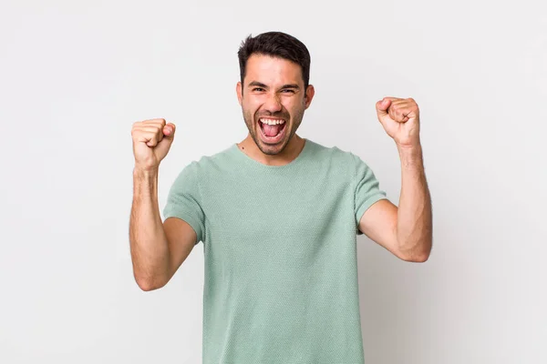 Young Handsome Hicpanic Man Feeling Happy Positive Successful Celebrating Victory — Stockfoto