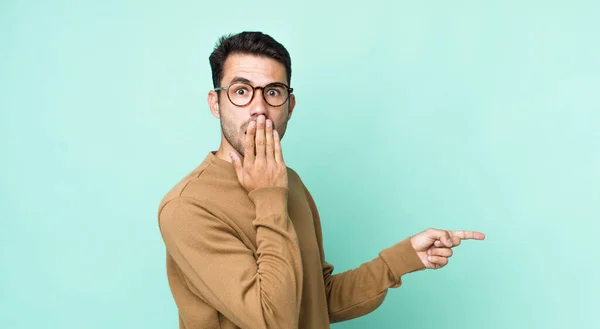 Young Handsome Hicpanic Man Feeling Happy Shocked Surprised Covering Mouth — Stockfoto