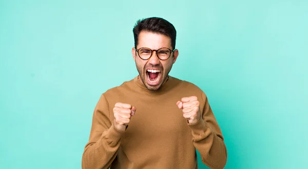 Young Handsome Hicpanic Man Shouting Aggressively Annoyed Frustrated Angry Look — Stockfoto