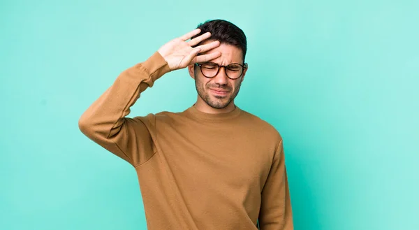 Young Handsome Hicpanic Man Looking Stressed Tired Frustrated Drying Sweat — 图库照片