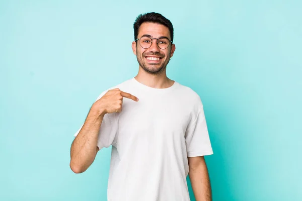 Young Handsome Hicpanic Man Looking Happy Proud Surprised Cheerfully Pointing — Foto Stock
