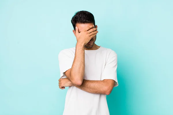 Young Handsome Hicpanic Man Looking Stressed Ashamed Upset Headache Covering — Stockfoto