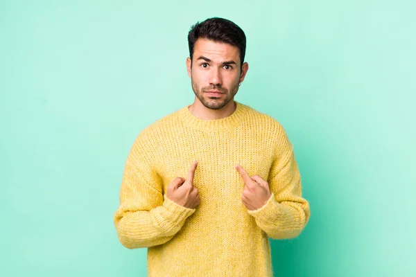 Young Handsome Hicpanic Man Pointing Self Confused Quizzical Look Shocked — Fotografia de Stock