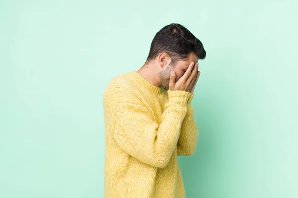 Young Handsome Hicpanic Man Covering Eyes Hands Sad Frustrated Look — Foto Stock