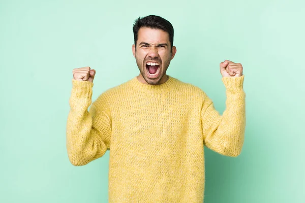 Young Handsome Hicpanic Man Shouting Aggressively Angry Expression Fists Clenched — Stockfoto