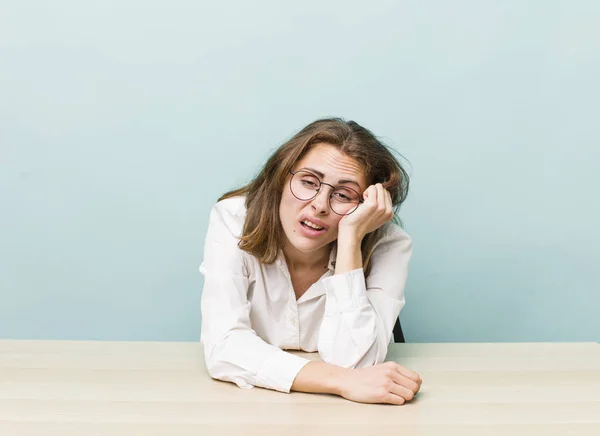 Young Pretty Businesswoman Sitting Table — Stock Fotó