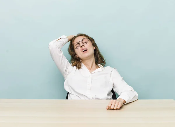 Young Pretty Businesswoman Sitting Table — Stock Fotó