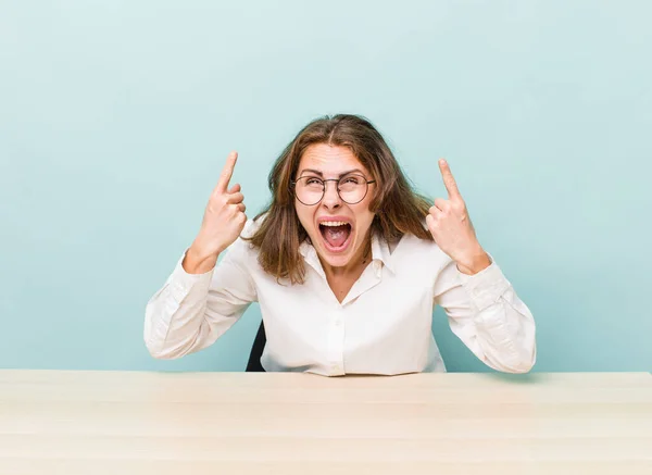 Young Pretty Businesswoman Sitting Table — Stock Fotó