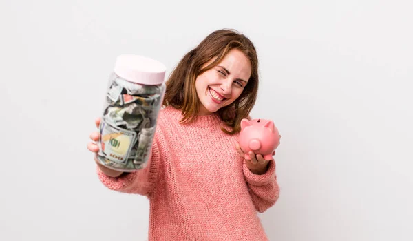 Young Pretty Woman Banknotes Savings Concept — Stok fotoğraf