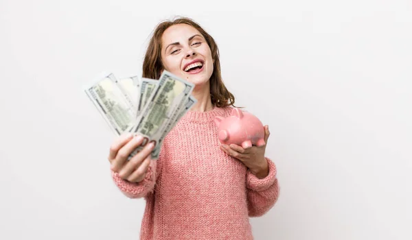 Young Pretty Woman Banknotes Savings Concept — Stockfoto