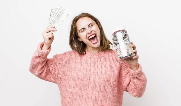 Young Pretty Woman Banknotes Savings Concept — Stockfoto