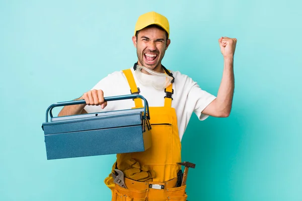 Young Adult Man Plumber Toolbox Concept — Fotografia de Stock