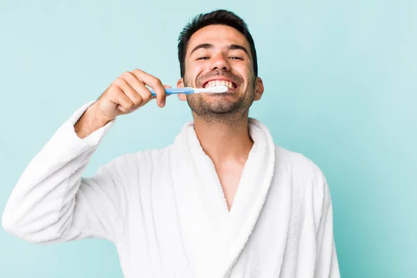 Young Hispanic Man Bathrobe Teethbrush Concept — Stock Photo, Image