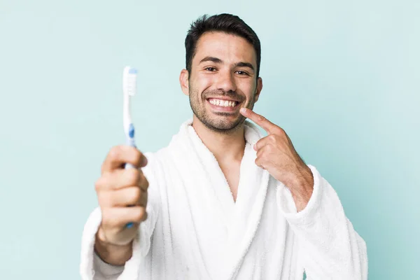 Young Hispanic Man Bathrobe Teethbrush Concept — Stock Photo, Image