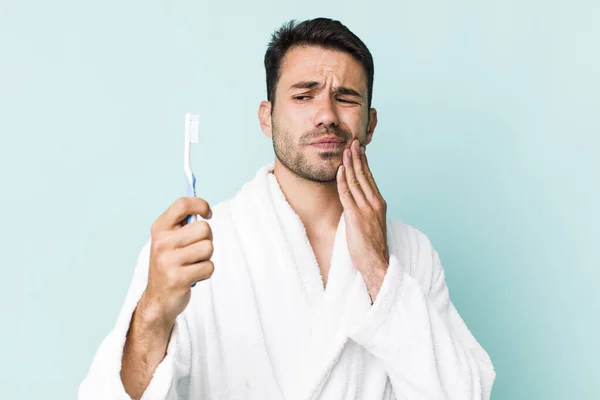 Young Hispanic Man Bathrobe Teethbrush Concept — 图库照片