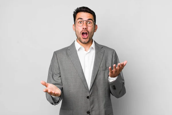 Young Adult Hispanic Man Amazed Shocked Astonished Unbelievable Surprise Business — Stock Photo, Image