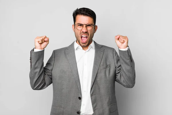 Young Adult Hispanic Man Shouting Aggressively Angry Expression Business Concept — Stock Photo, Image