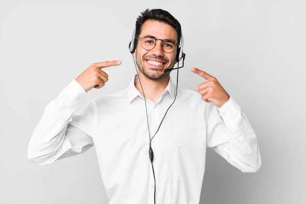 Young Adult Hispanic Man Smiling Confidently Pointing Own Broad Smile — Stock Photo, Image