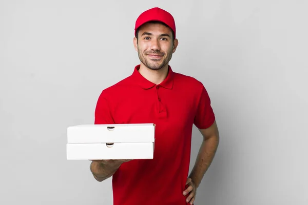 Young Adult Hispanic Man Smiling Happily Hand Hip Confident Pizza — Stock Photo, Image