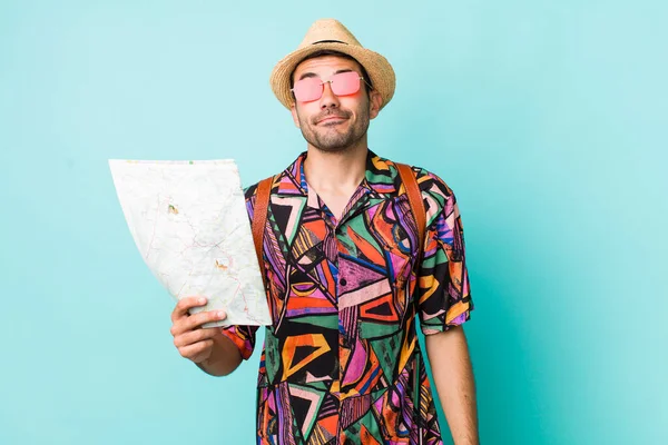 Young Adult Hispanic Man Shrugging Feeling Confused Uncertain Tourist Concept — Stock Photo, Image