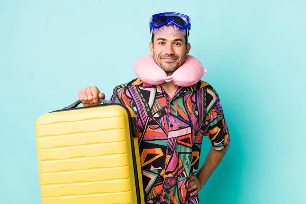 Young Adult Hispanic Man Smiling Happily Hand Hip Confident Flight — Foto de Stock