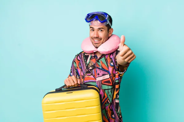 Young Adult Hispanic Man Feeling Proud Smiling Positively Thumbs Flight —  Fotos de Stock