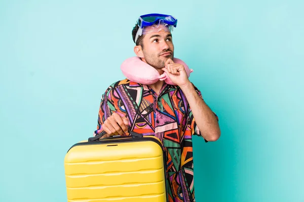Young Adult Hispanic Man Thinking Feeling Doubtful Confused Flight Passenger — Stockfoto