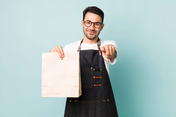 Young Adult Hispanic Man Pointing Camera Choosing You Take Away — Stock Photo, Image