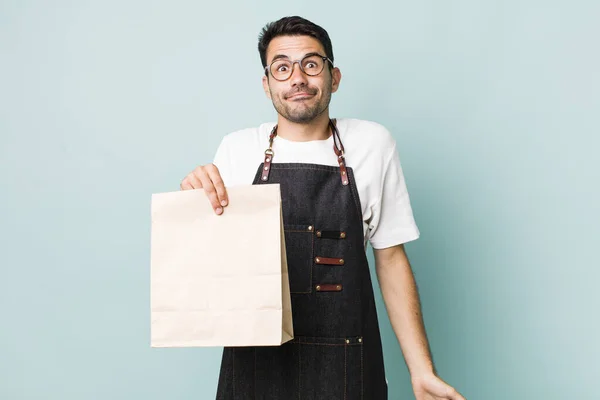 Young Adult Hispanic Man Shrugging Feeling Confused Uncertain Take Away — Stock Photo, Image