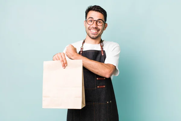 Young Adult Hispanic Man Feeling Happy Facing Challenge Celebrating Take — Stock Photo, Image