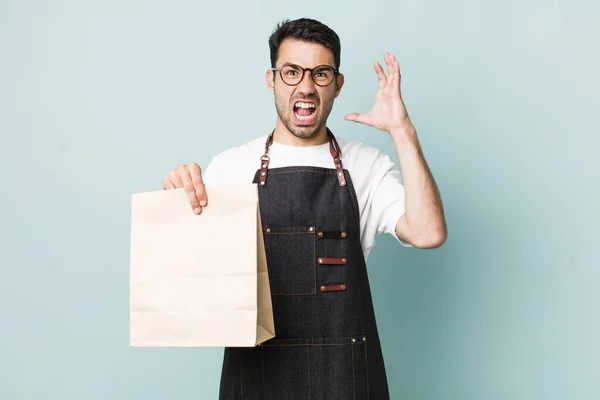 Young Adult Hispanic Man Screaming Hands Air Take Away Delivery — Stock Photo, Image