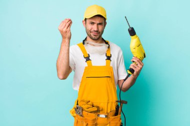 Genç, İspanyol bir adam kapiş ya da para hareketi yapıyor ve sana ödemeni söylüyor. işçi ve sondaj kavramı