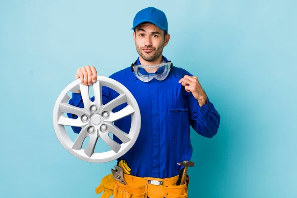 Young Adult Hispanic Man Looking Arrogant Successful Positive Proud Car — Stock Photo, Image