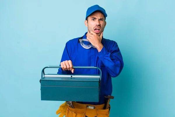 Young Adult Hispanic Man Mouth Eyes Wide Open Hand Chin — Stock Photo, Image