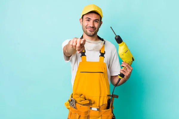 Young Adult Hispanic Man Pointing Camera Choosing You Worker Drill — Photo