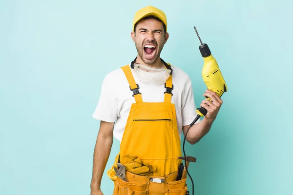 Young Adult Hispanic Man Shouting Aggressively Looking Very Angry Worker —  Fotos de Stock