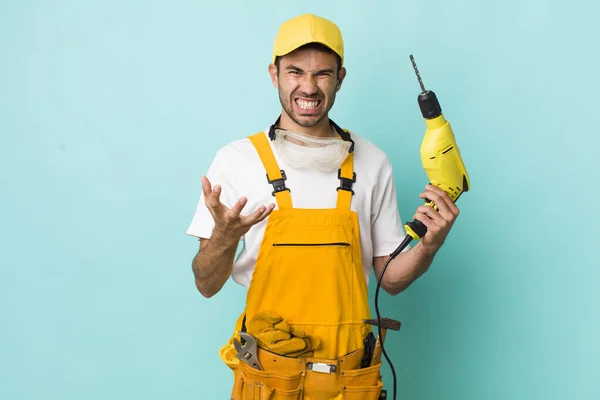 Young Adult Hispanic Man Looking Angry Annoyed Frustrated Worker Drill — Photo