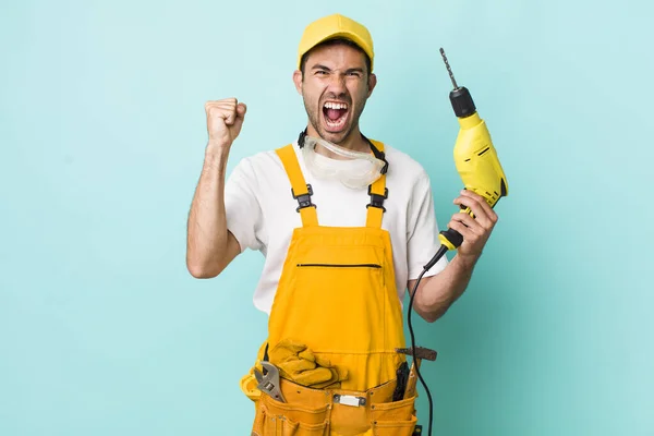 Young Adult Hispanic Man Shouting Aggressively Angry Expression Worker Drill — Stock Photo, Image