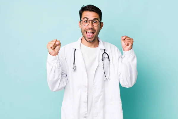 Young Adult Hispanic Man Feeling Shocked Laughing Celebrating Success Physician — Stock Photo, Image