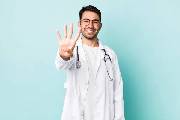 Young Adult Hispanic Man Smiling Looking Friendly Showing Number Four — 스톡 사진