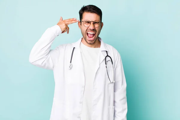 Young Adult Hispanic Man Looking Unhappy Stressed Suicide Gesture Making — Stock Photo, Image