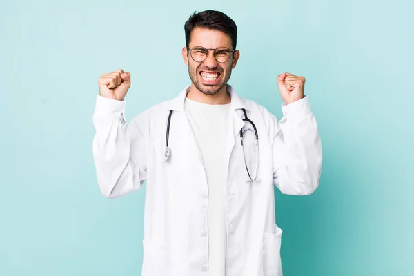 Young Adult Hispanic Man Shouting Aggressively Angry Expression Physician Concept — Stock Photo, Image