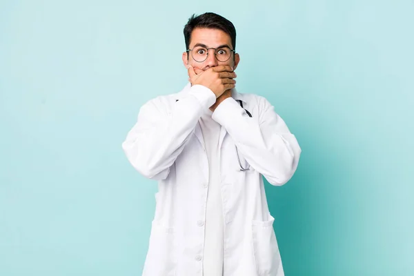 Young Adult Hispanic Man Covering Mouth Hands Shocked Physician Concept — Foto de Stock