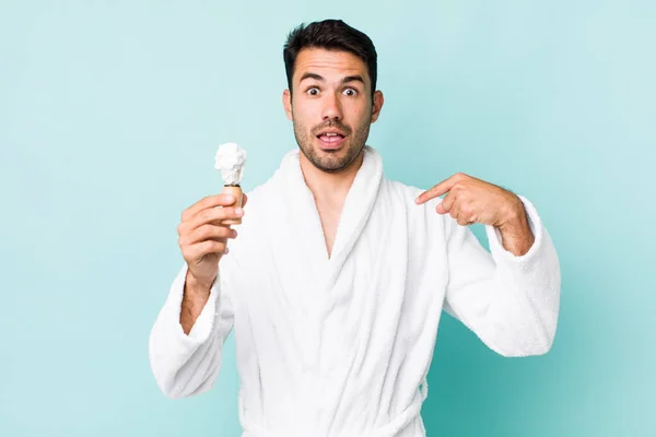 Young Adult Hispanic Man Feeling Happy Pointing Self Excited Shaving — Foto de Stock