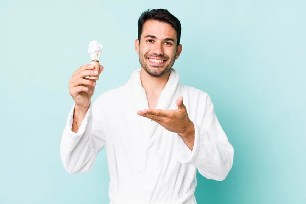Young Adult Hispanic Man Smiling Cheerfully Feeling Happy Showing Concept — ストック写真