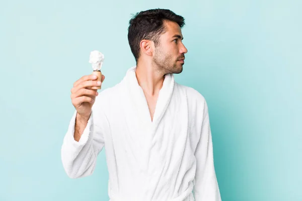 Young Adult Hispanic Man Profile View Thinking Imagining Daydreaming Shaving — 스톡 사진